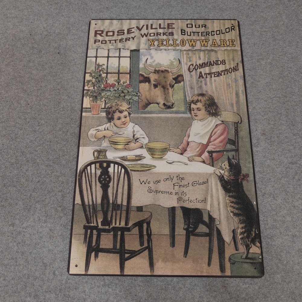 Roseville Pottery Works Buttercolor Yellowware Vintage Style Metal Tin Sign Art